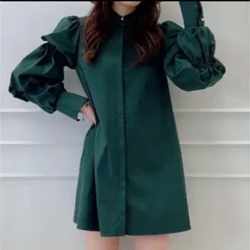 eimy istoire / 다크 그린 퍼프 슬리브 셔츠 드레스