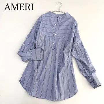 아메리 AMERI 벌룬 슬리브 쉐이프 셔츠 블루 개더 롱 기장