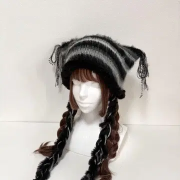 고양이 귀 니트 모자 모헤어 블랙