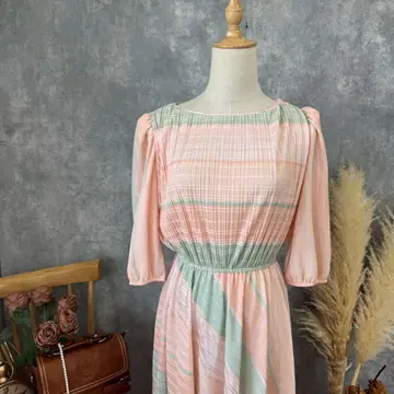 USA제 빈티지 핑크 x 민트 스트라이프 원피스 반팔