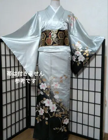 춤용 기모노 호몬기 단의 실버와 블랙 꽃무늬 자수 길이 162 화장 64