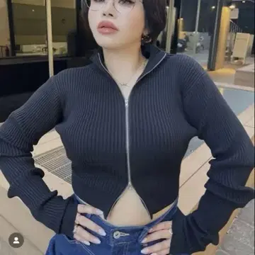 지퍼 달린 리브 니트 크롭 니트