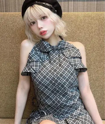 Darich 다리치 리본 체크 슬리브리스 블라우스
