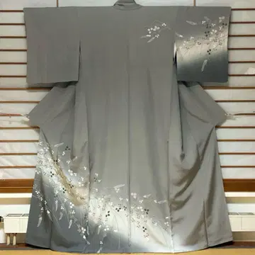 순수 실크 호몬기 이중 기모노 그레이  [미사용]