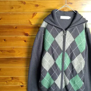 니트 니트 후드티 아가일 무늬 후드 부착 니트 집업 L 브라운