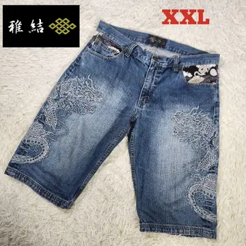미야비유이 일본풍 패턴 데님 2XL 하프 데님 드래곤 자수 용