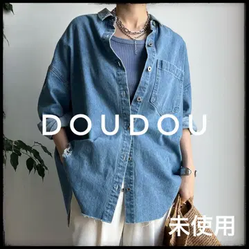 미사용 DOUDOU 데미지 데님 셔츠 데님 블루 오버 사이즈 셔츠