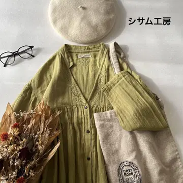 b1403* 시삼 공방 코튼 더블 거즈 개더 브이넥 원피스