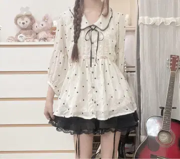 모리걸 페어리 그런지 레트로 도트 리본 레이스 튜닉