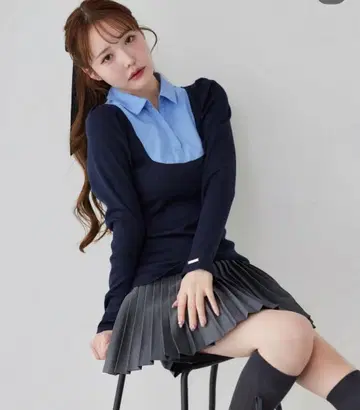 네이비 레이어드 스타일 니트 플리츠 스커트