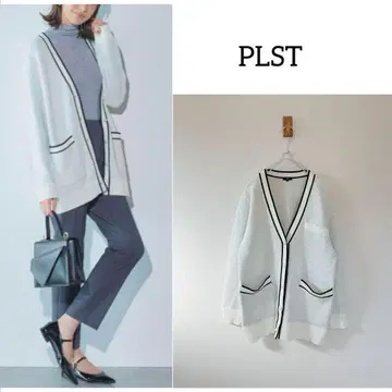 새상품급 PLST 플라스테 라메 자카드 펄 버튼 미들 가디건