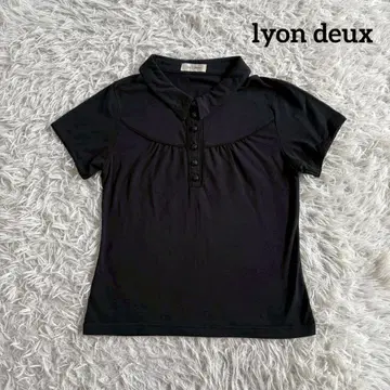 리요네두 반팔 피케 셔츠 개더 장식 버튼 M 블랙 무지 주식회사 아이돌