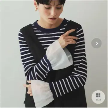 벌룬 슬리브 리브 니트 L 사이즈 네이비 오페크 도트 클립