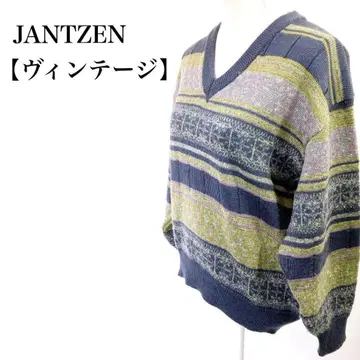 JANTZEN 빈티지 울 95% V넥 올 패턴 보더 니트