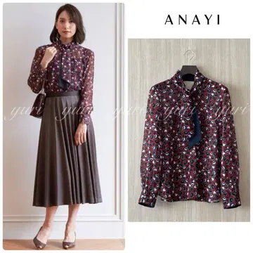 [ 600 ] 아나이 팬지 프린트 스카프 넥 블라우스 보라색 블랙 38