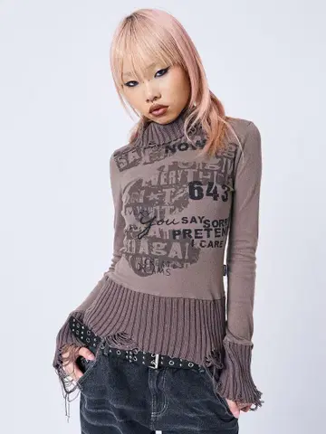 그런지 y2k 브라운 하이넥 긴팔 상의 minga london