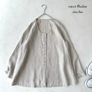새상품급 nest Robe 네스트로브 노카라 스트라이프 린넨 블라우스