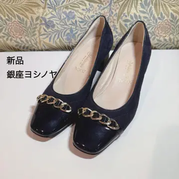 새상품 긴자 요시노야 펌프스 힐 체인 퀼팅 네이비