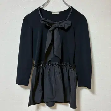 TO BE CHIC 7부 소매 도킹 티셔츠 리본 스팽글 블랙 M