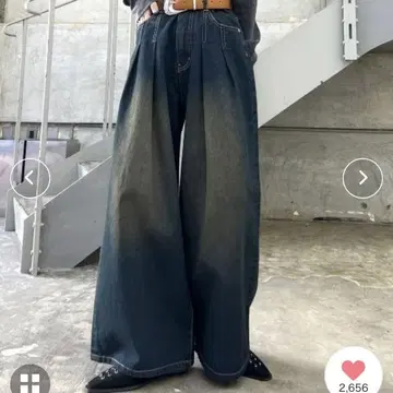 다크 데님 와이드 레그 팬츠 하이웨스트