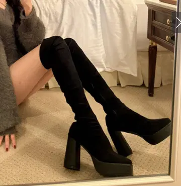 25 블랙 니하이 부츠 플랫폼 힐 통굽 롱 부츠