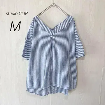 스튜디오 Studio 셔츠 블라우스 면린넨 5부 소매 스트라이프 M 리본
