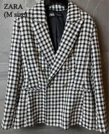 ZARA 트위드 하운드투스 체크 자켓 화이트 x 블랙 사이즈 38