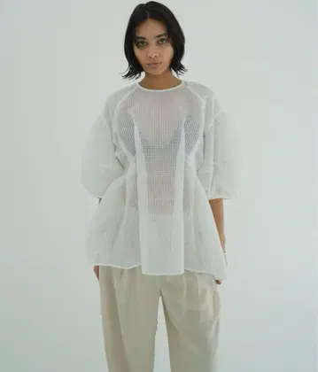 CLANE SHEER PLAID VOLUME SLEEVE TOPS