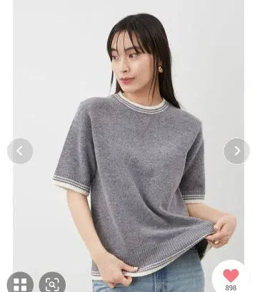 배색 라인 미들 게이지 하프 슬리브 니트