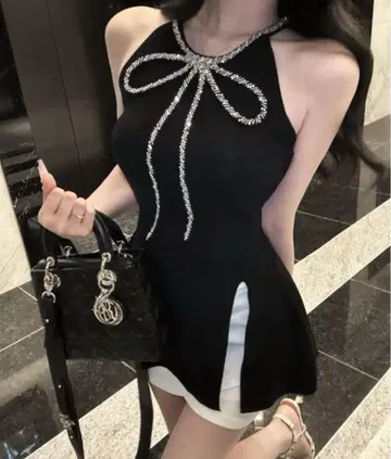왕홍 리본 블랙 비쥬 원피스 black miu 계 코디