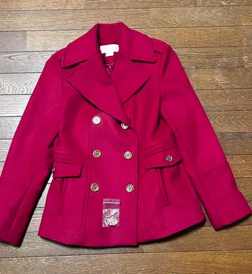 빨간색 울 더블 브레스트 피 코트