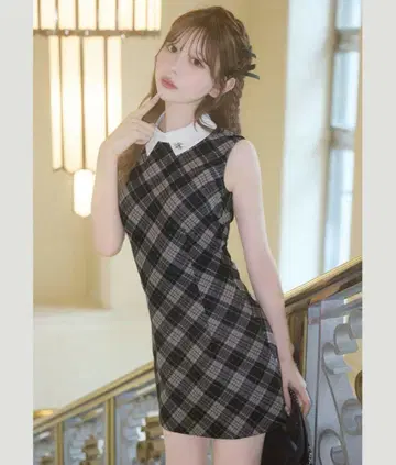카라 부착 체크 미니 원피스 미셸 마카롱 프리 사이즈