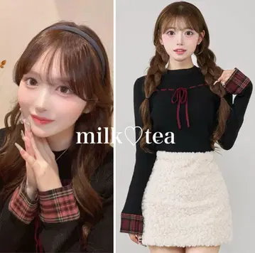 다리치 택 포함 새상품 블랙 체크 커프스 리본 니트탑 프리