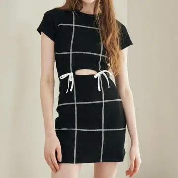 다리치 스티치 리본 리브 미니 원피스 FREE