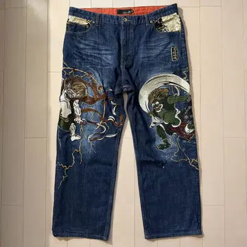 카라쿠리타마시 데님 풍신뇌신 일본풍 패턴 자수 40인치