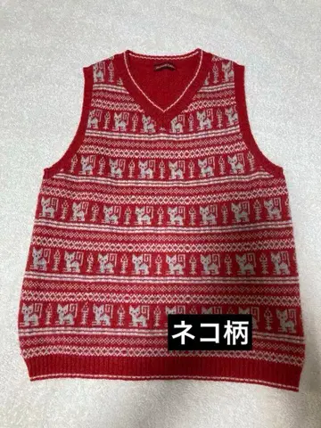 고양이 패턴 니트 베스트 페어아일 귀여운 고양이 새상품급