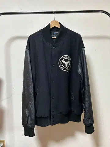 블랙 바시티 자켓 울 가죽