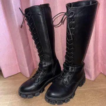 블랙 레이스업 롱 부츠