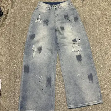 데미지 가공 와이드 레그 데님 팬츠 M 사이즈 여성용