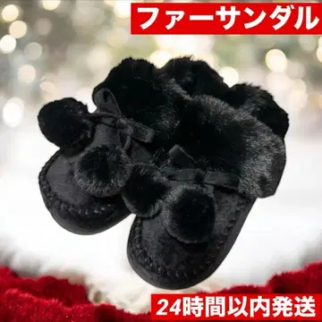 퍼 샌들 L 블랙 리본 통굽 모자 꽁지 푹신푹신 24cm