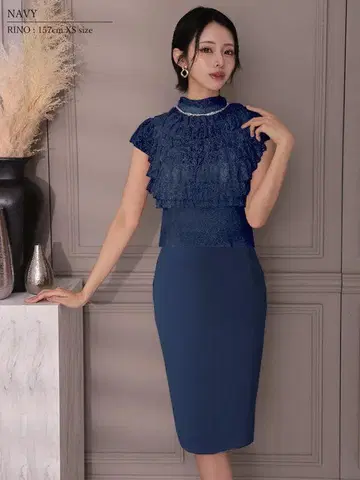 [ Veautt/뷔트 ] 프론트 레이스 프릴 비쥬 하이넥 미디엄 드레스
