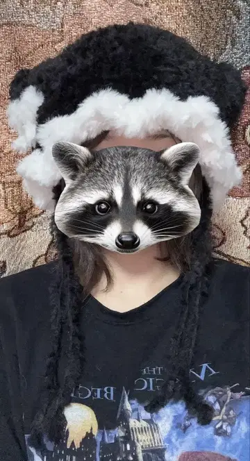 고양이 귀 니트 모자 블랙 프릴 리본 보아 복슬복슬 핸드메이드