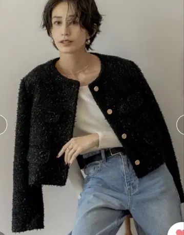 리디 보아 리본 금장 버튼 노카라 트위드 자켓 미사용 새상품