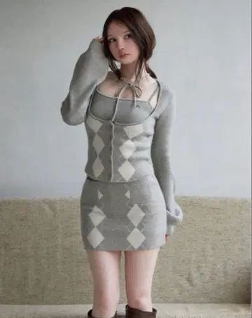 andmary Argyle ribbon knit set up gray