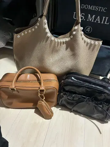 미사용 3점 리본 숄더 골드 펄 백 카멜 스퀘어 백