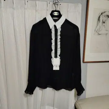 ZARA 쉬폰 프릴 블라우스 블랙 x 화이트 M