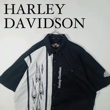 Harley-Davidson 반팔 버튼 다운 셔츠 프레임 파이어 패턴