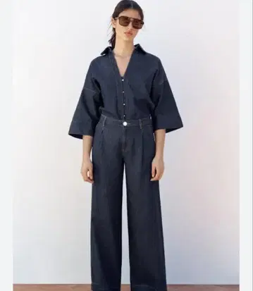 ZARA 와이드 슬리브 셔츠 다크 인디고 블루