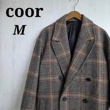 coor 쿠아 더블 코트 M 체크 무늬 울 브라운