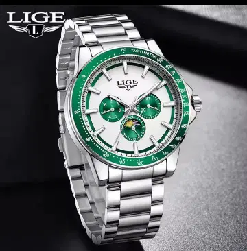 LIGE 손목시계 화이트/그린 30M 방수